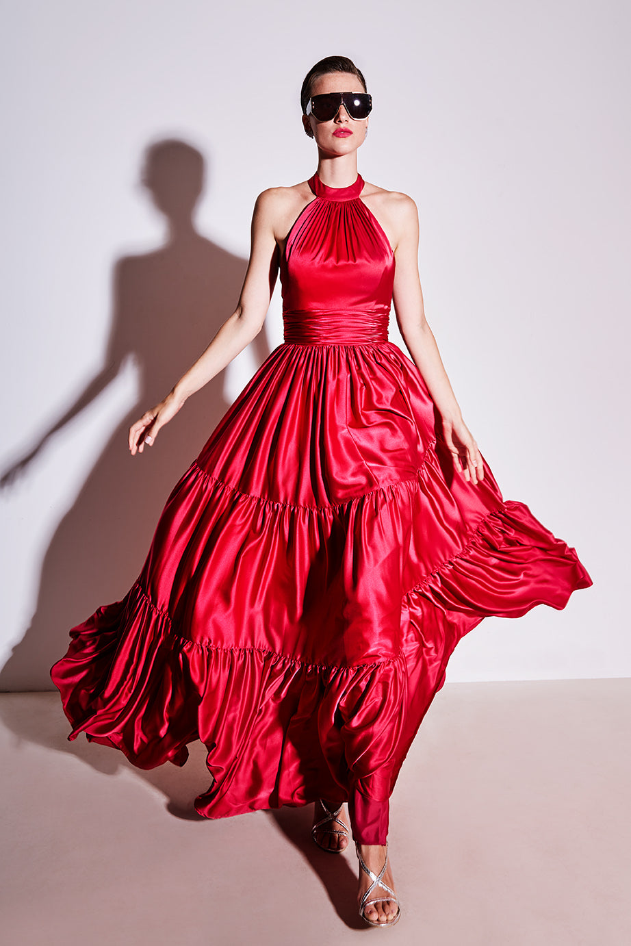 VESTIDO ROSA AURORA LONGO COM DECOTE HALTER PONTO CHIC
