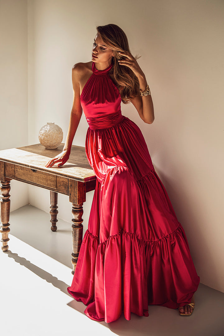 VESTIDO ROSA AURORA LONGO COM DECOTE HALTER PONTO CHIC