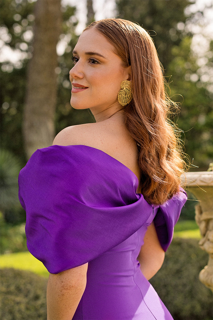 VESTIDO LONGO ROXO COM LAÇO ESTRUTURADO NOS OMBROS PONTO CHIC