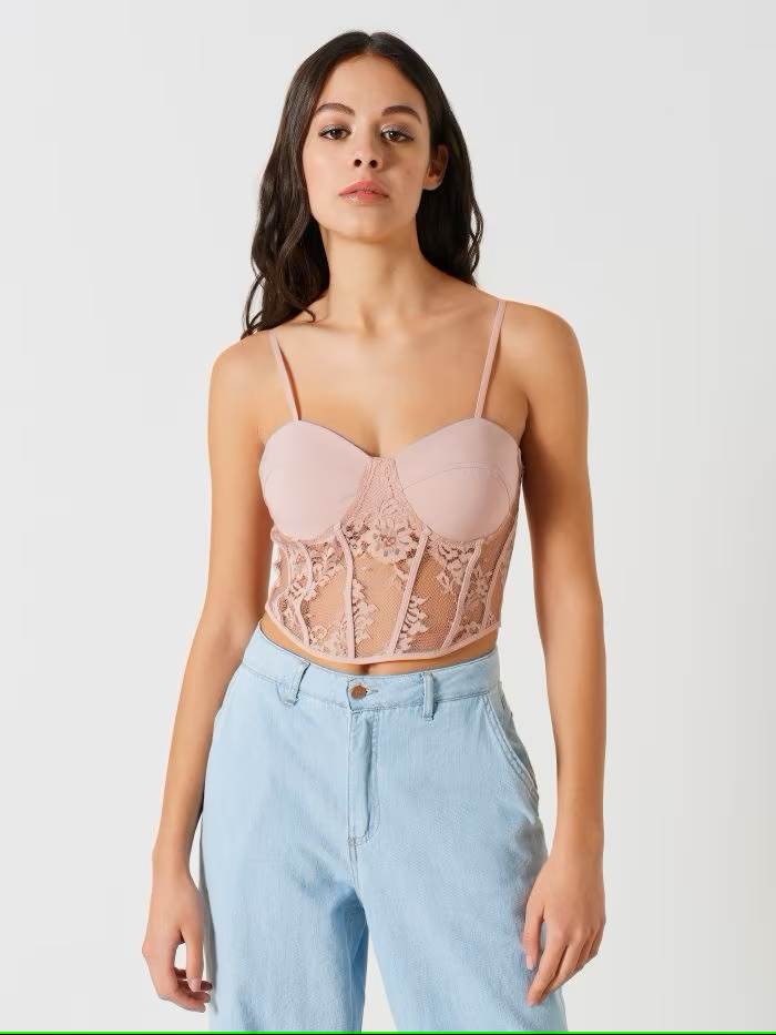 TOP CORPETE ROSA EM RENDA RINASCIMENTO