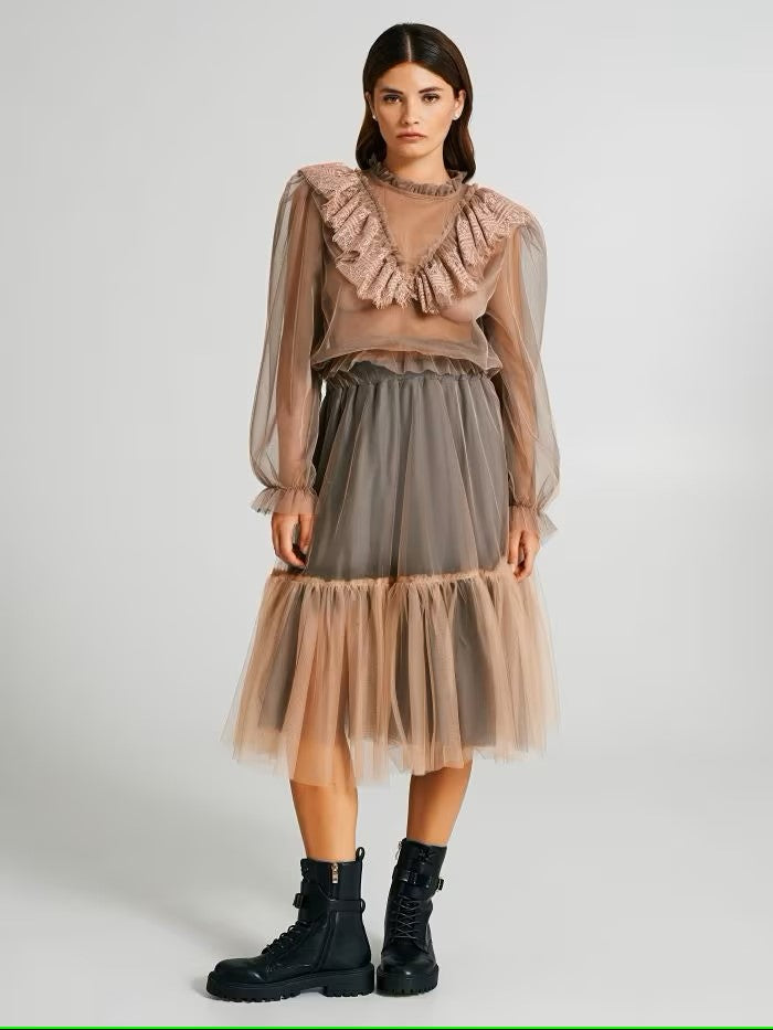 BLUSA DE TULE COM RENDA ROSA RINASCIMENTO