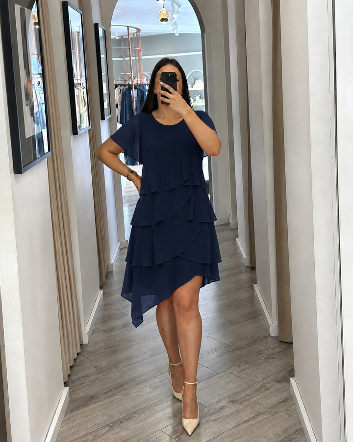 VESTIDO CURTO MARINHO COM FOLHOS PONTO CHIC