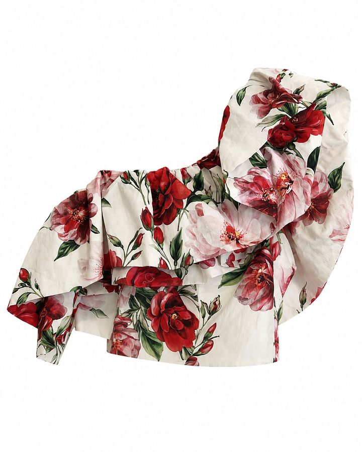 TOP FLORAL ASSIMÉTRICO COM FOLHO IMPERIAL
