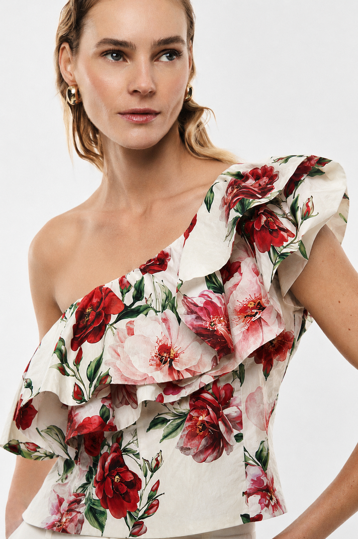 TOP FLORAL ASSIMÉTRICO COM FOLHO IMPERIAL