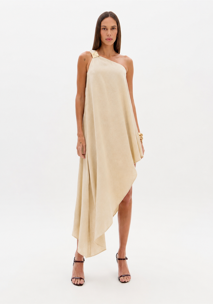 VESTIDO ASSIMÉTRICO ACETINADO CRU LANÇA PERFUME