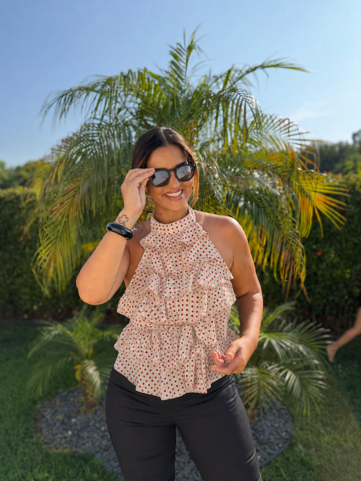 TOP BEGE E VERMELHO ÀS BOLINHAS PONTO CHIC