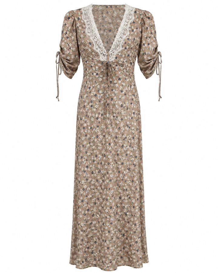 VESTIDO COMPRIDO ESTAMPADO FLORAL COM RENDA IMPERIAL