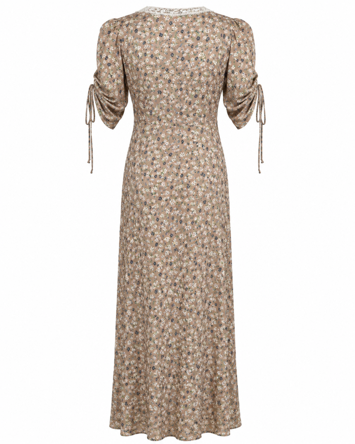 VESTIDO COMPRIDO ESTAMPADO FLORAL COM RENDA IMPERIAL