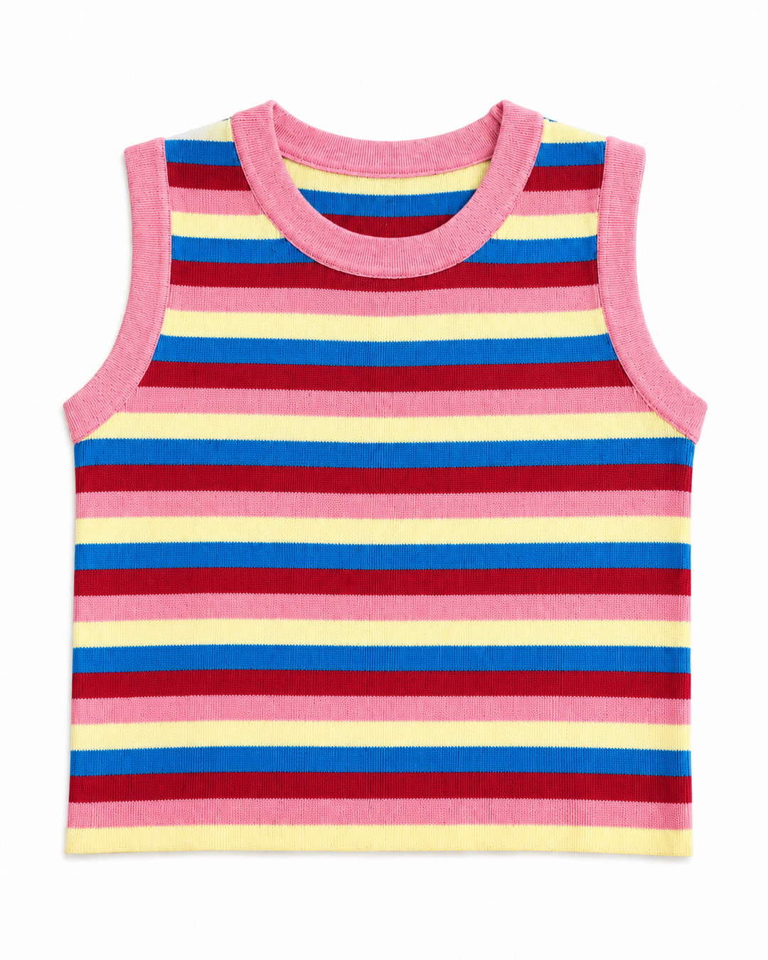 TOP TRICOT ROSA COM RISCAS MULTICOR PONTO CHIC