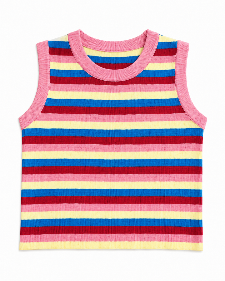 TOP TRICOT ROSA COM RISCAS MULTICOR PONTO CHIC