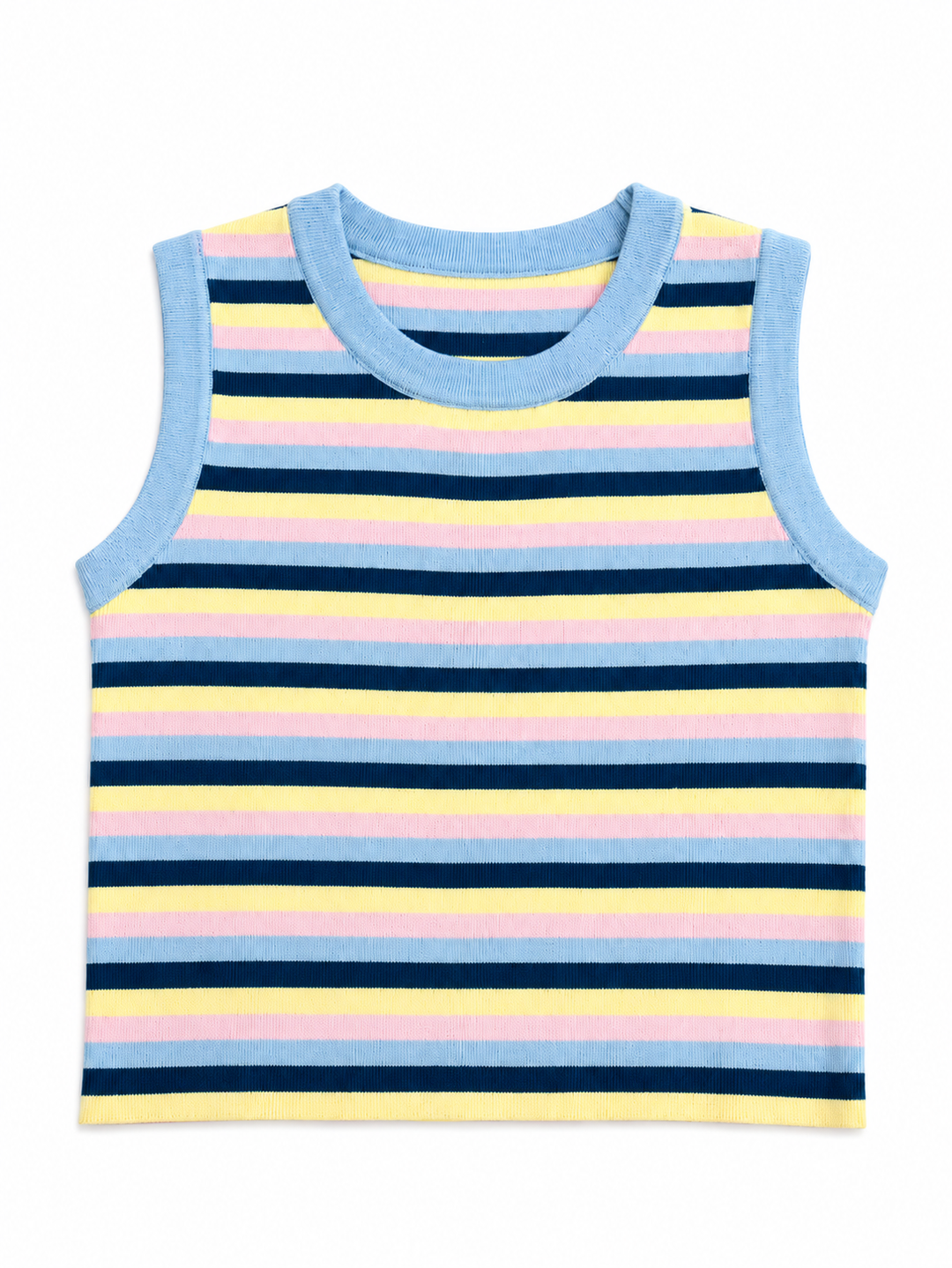 TOP TRICOT AZUL COM RISCAS MULTICOR PONTO CHIC