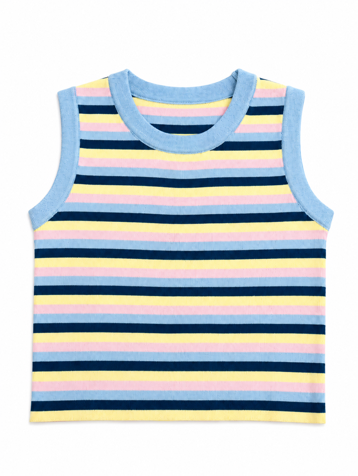 TOP TRICOT AZUL COM RISCAS MULTICOR PONTO CHIC