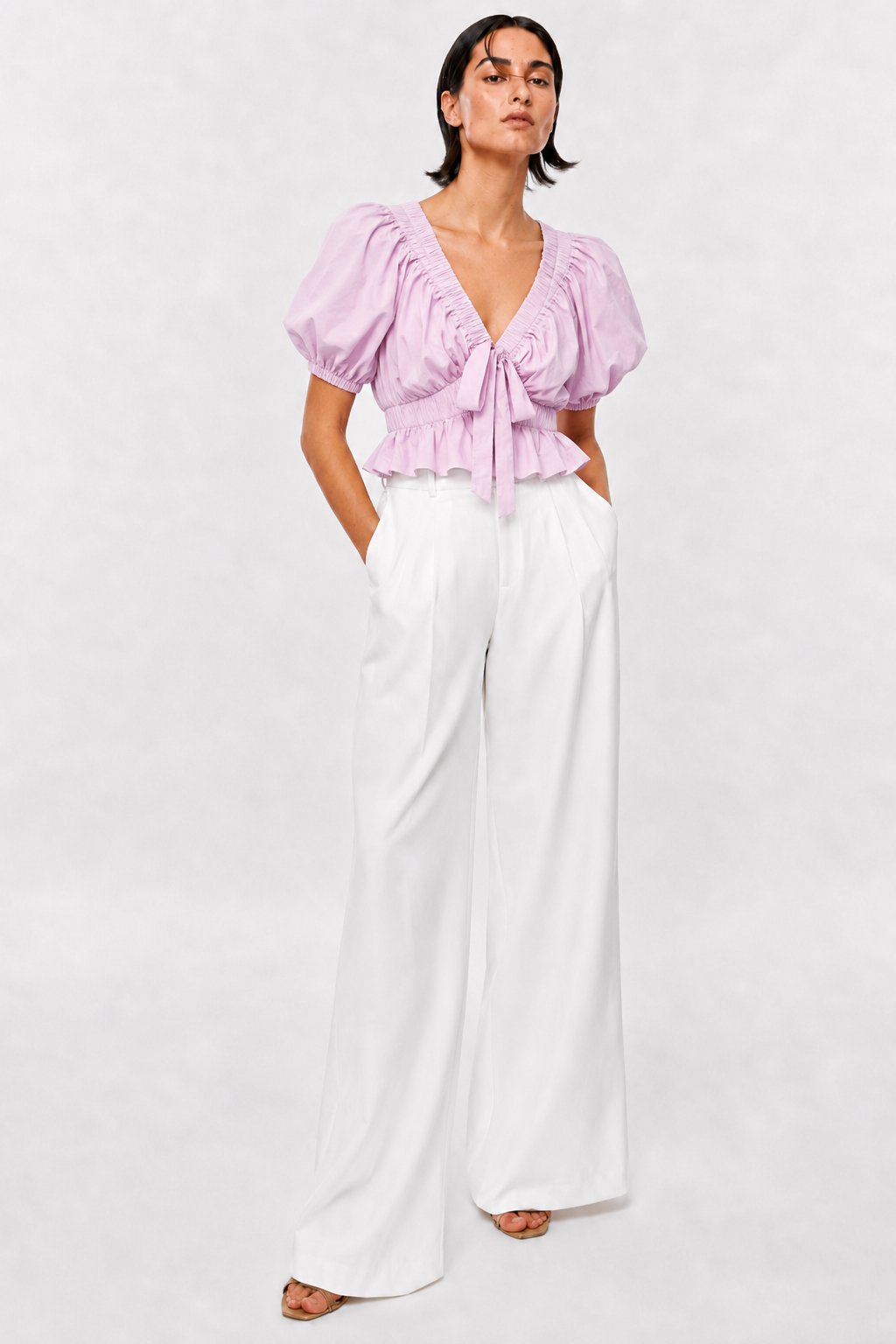 TOP ROSA COM FOLHOS E MANGA VOLUME PONTO CHIC