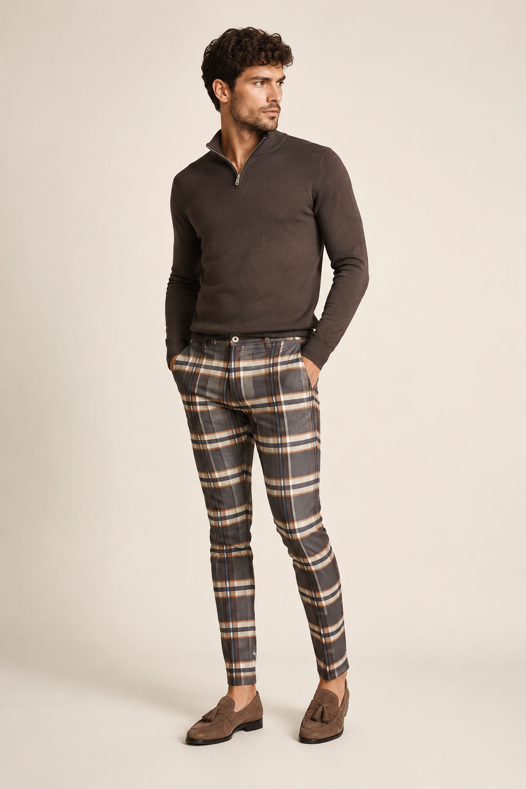 CALÇA XADREZ CASTANHO SLIM FIT KARLO MENDOZA