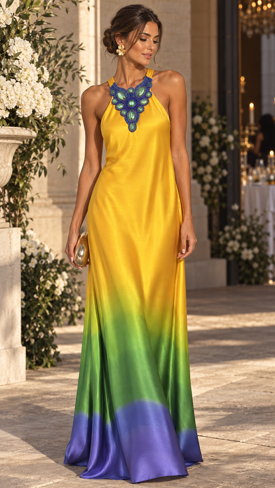 VESTIDO COMPRIDO DEGRADÉ COM PEDRARIA NO DECOTE PONTO CHIC