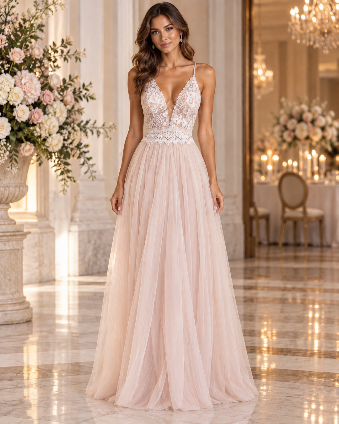 VESTIDO COMPRIDO ROSA SECO COM CORPO EM RENDA E SAIA EM TULE PONTO CHIC