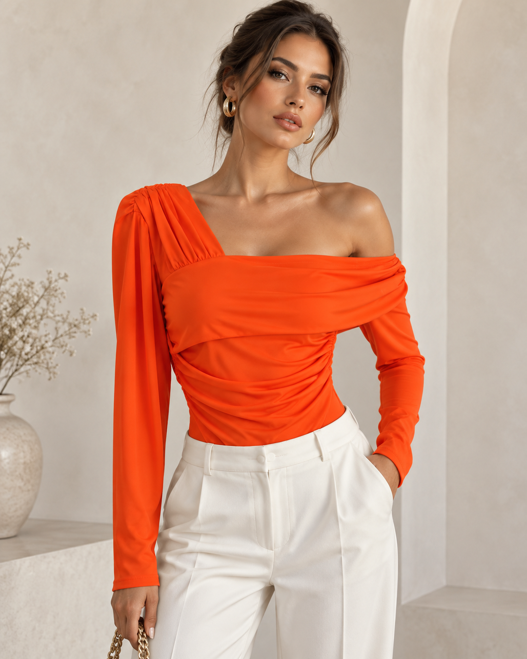 BODY LARANJA ASSIMÉTRICO DRAPEADO PONTO CHIC