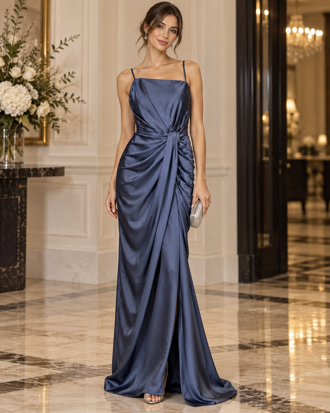 VESTIDO COMPRIDO AZUL MARINHO ACETINADO COM DRAPEADO RINASCIMENTO