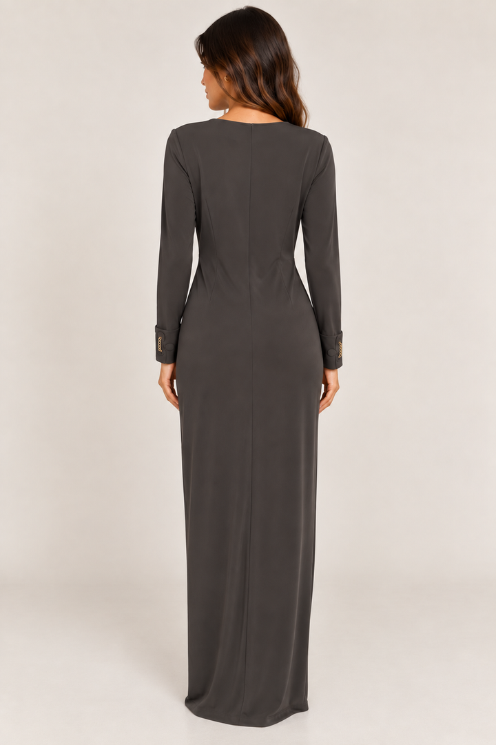 VESTIDO CASTANHO DRAPEADO COM CORRENTE IMPERIAL