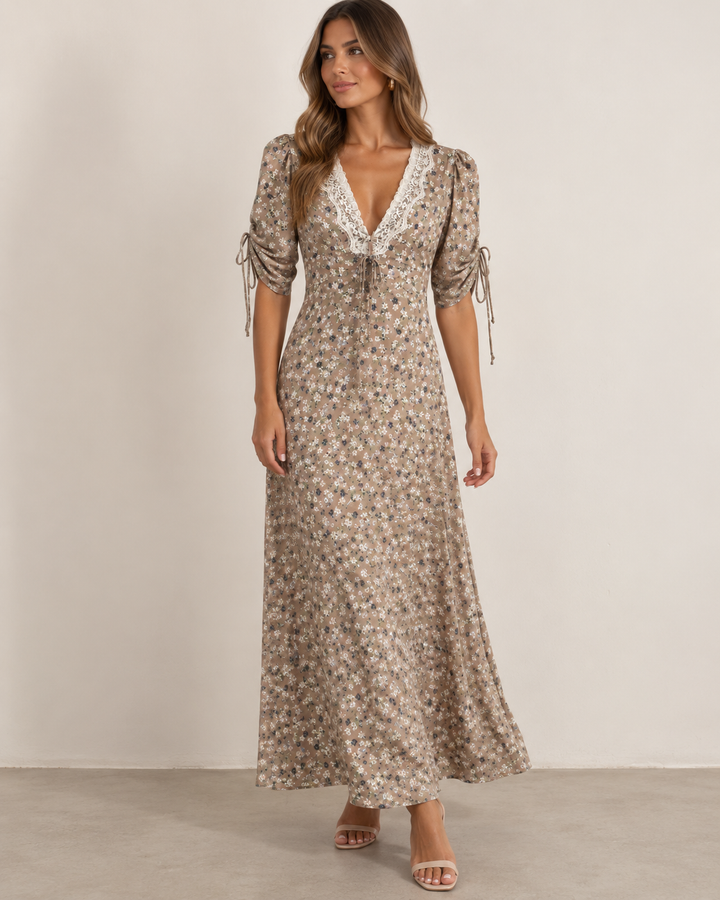 VESTIDO COMPRIDO ESTAMPADO FLORAL COM RENDA IMPERIAL