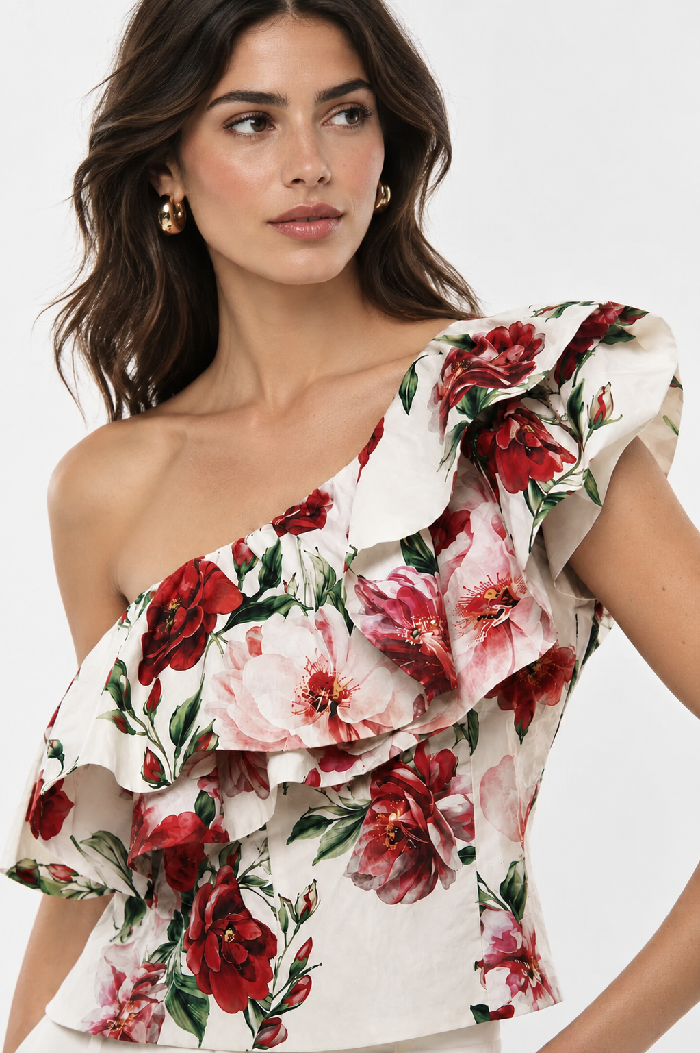 TOP FLORAL ASSIMÉTRICO COM FOLHO IMPERIAL