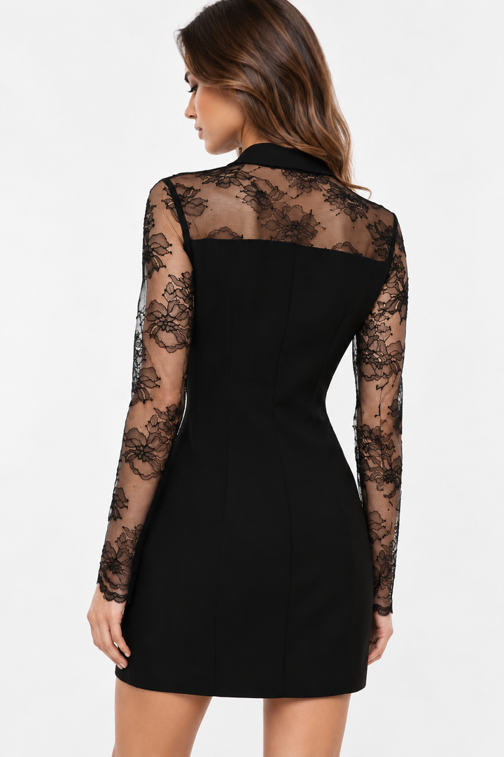 VESTIDO BLAZER PRETO COM RENDA E GOLA EM CETIM IMPERIAL