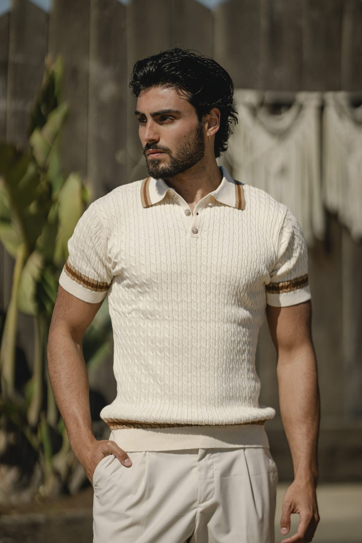 POLO BEGE TRICOT TRANÇA COM BOTÕES PONTO CHIC