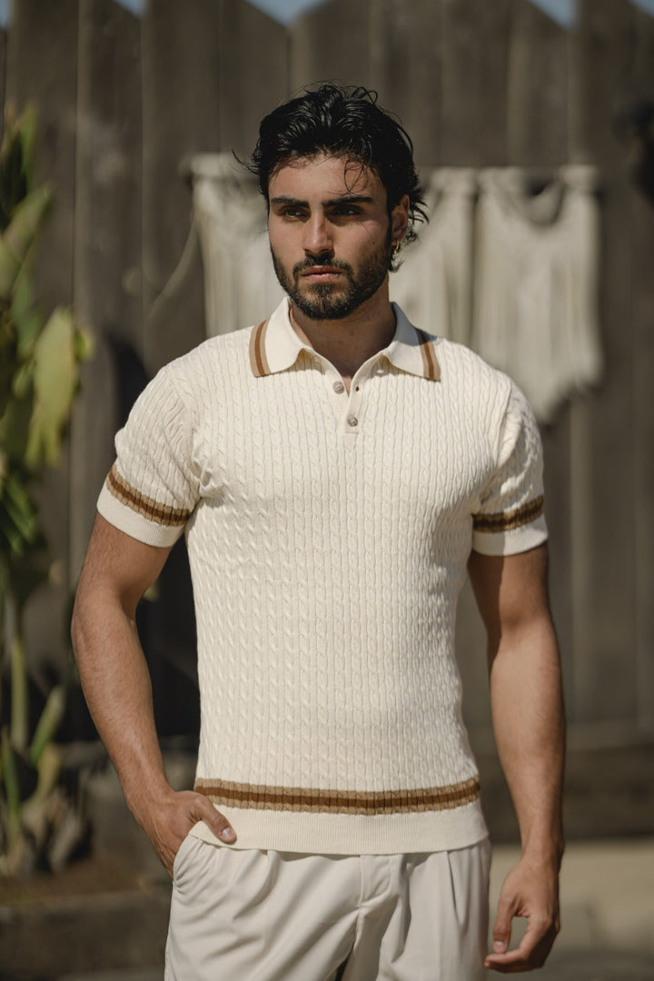 POLO BEGE TRICOT TRANÇA COM BOTÕES PONTO CHIC
