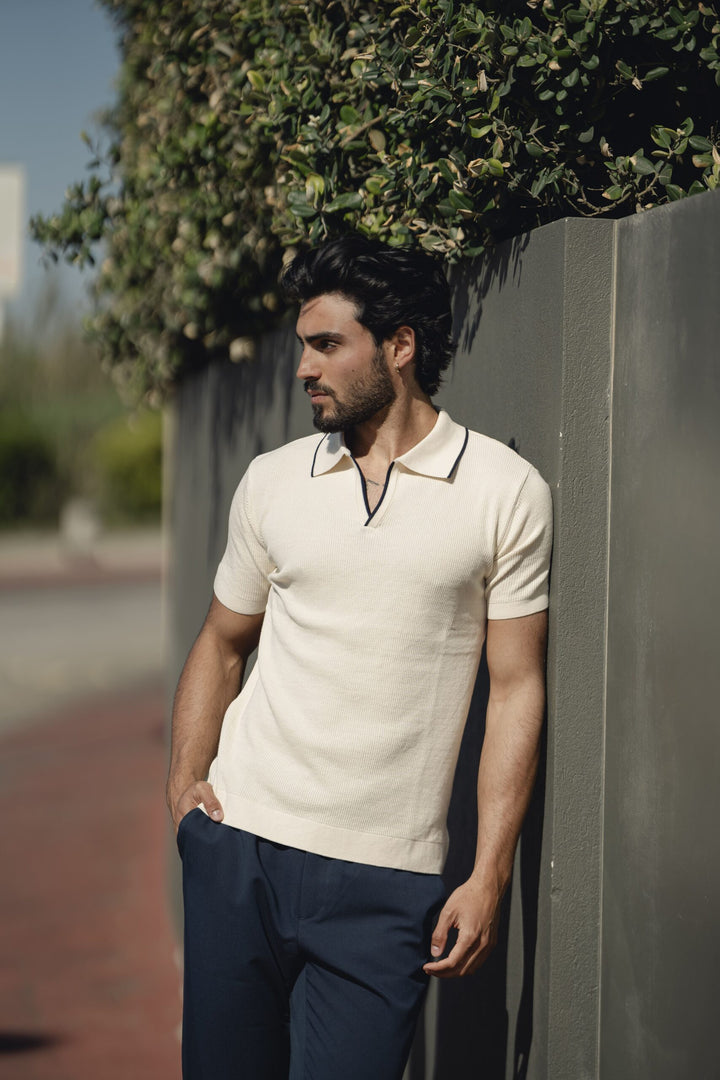 POLO BEGE TRICOT  RISCA AZUL PONTO CHIC