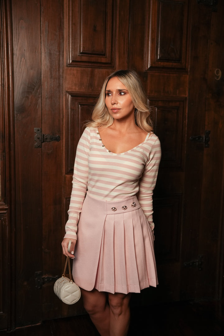 CAMISOLA DE MALHA CANELADA ÀS RISCAS ROSA SAHOCO