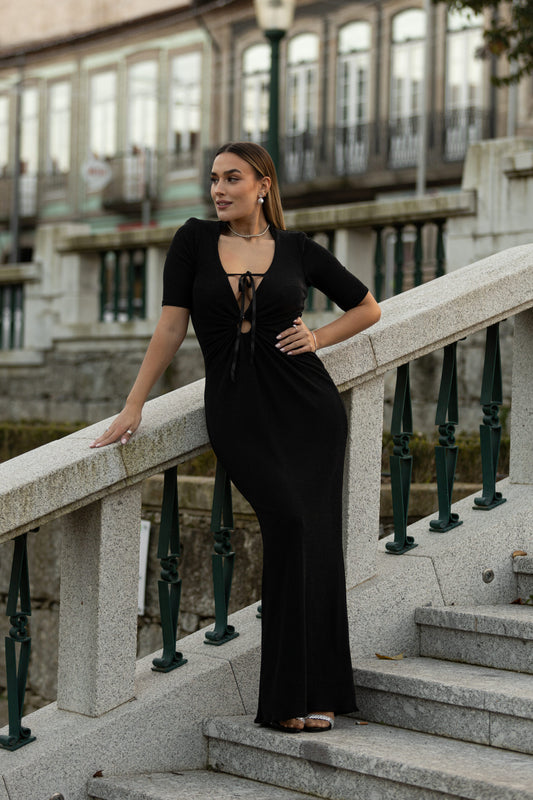 VESTIDO LONGO PRETO GLAM PONTO CHIC PREMIUM