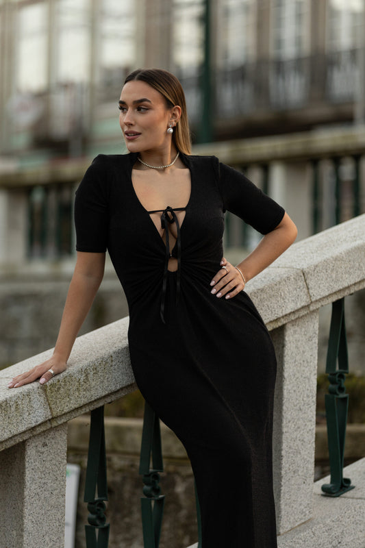 VESTIDO LONGO PRETO GLAM PONTO CHIC PREMIUM