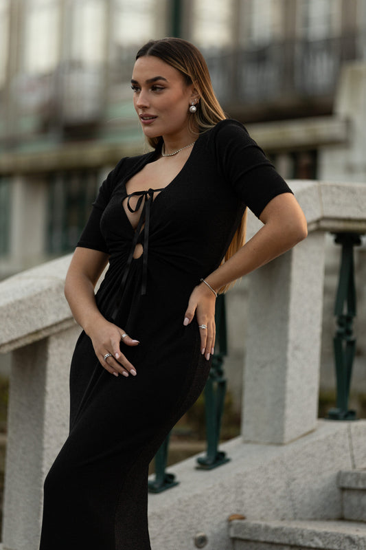 VESTIDO LONGO PRETO GLAM PONTO CHIC PREMIUM