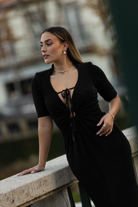 VESTIDO LONGO PRETO GLAM PONTO CHIC PREMIUM
