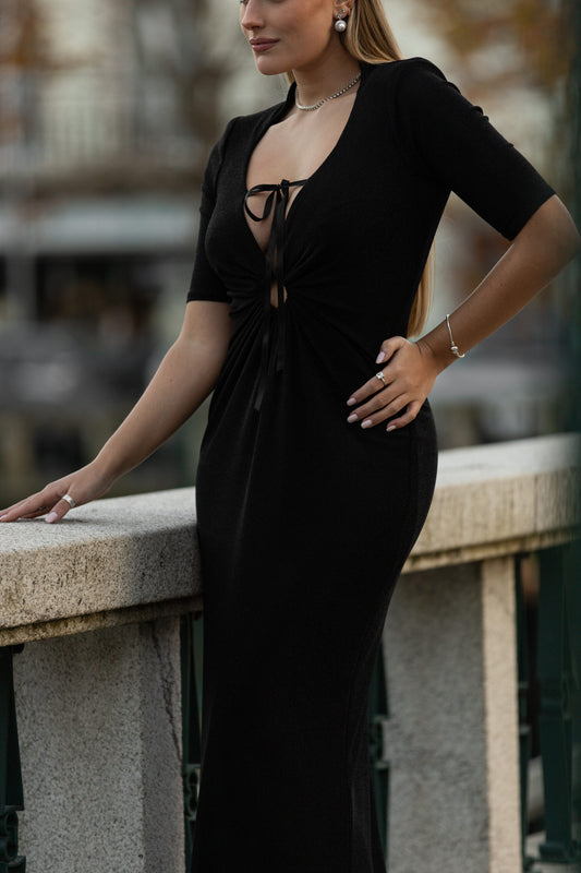 VESTIDO LONGO PRETO GLAM PONTO CHIC PREMIUM