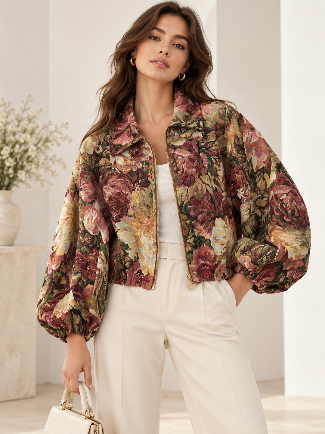 CASACO BOMBER BORDÔ EM JACQUARD FLORAL SAHOCO