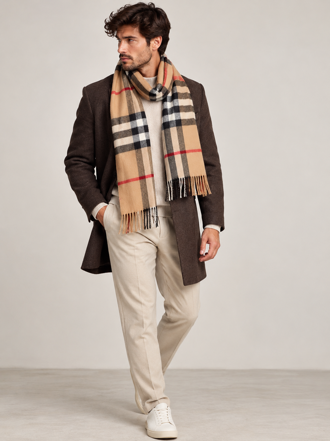 ECHARPE CAMEL COM PADRÃO XADREZ E FRANJAS PONTO CHIC