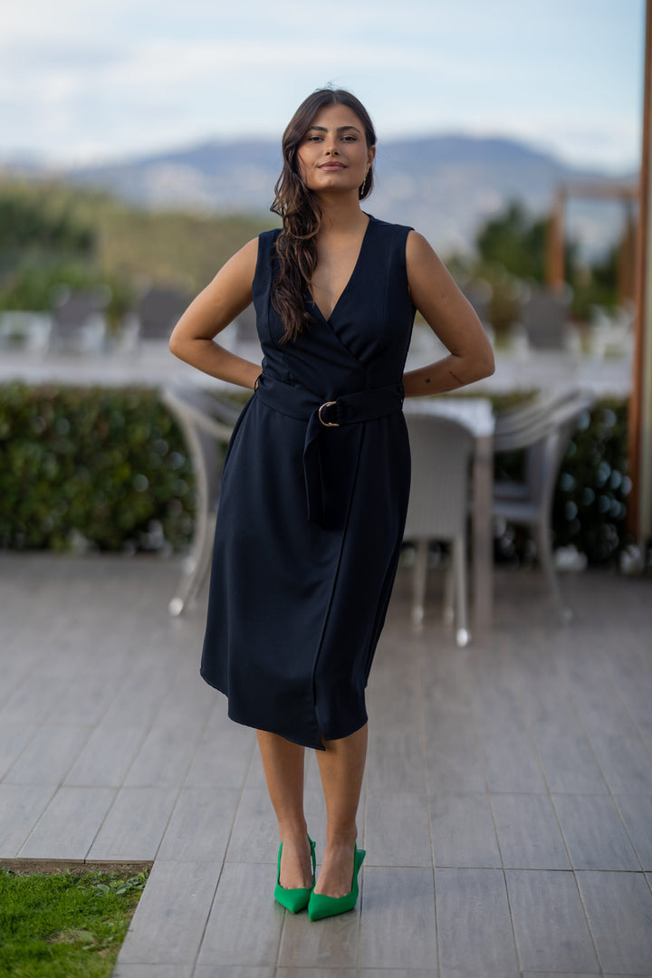 VESTIDO MARINHO COM TRESPASSE PONTO CHIC