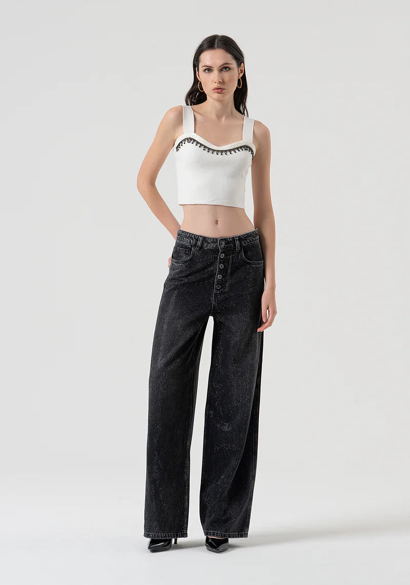 CALÇA PRETA PALAZZO COM STRASS FRACOMINA