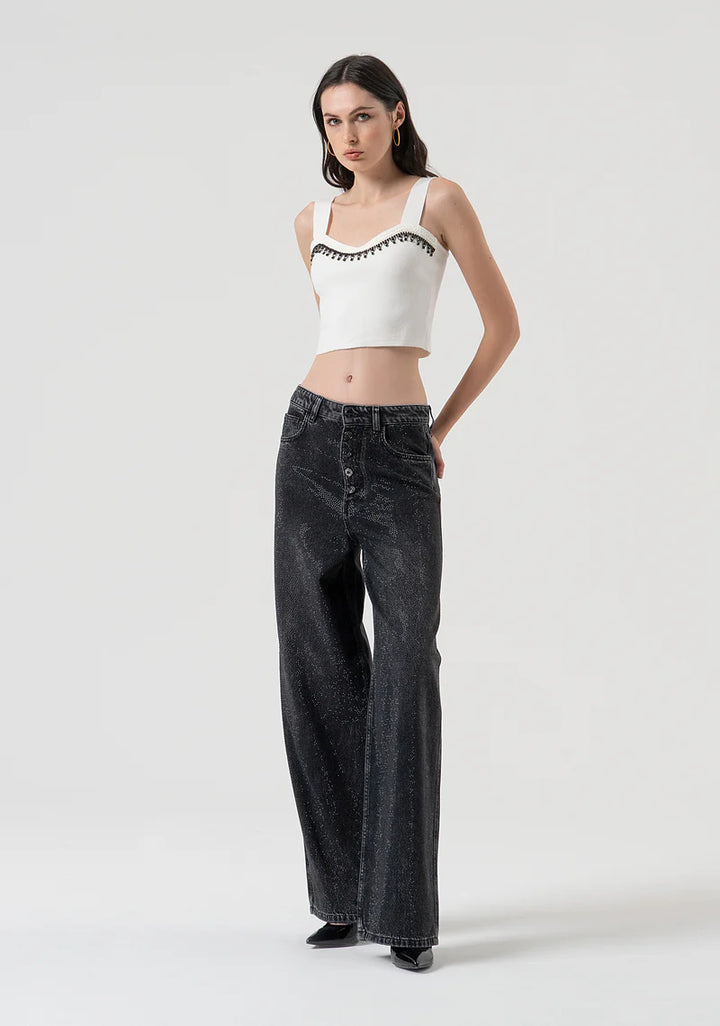 CALÇA PRETA PALAZZO COM STRASS FRACOMINA