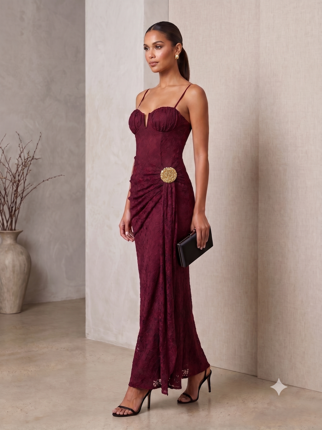 VESTIDO MIDI EM RENDA BORDÔ PONTO CHIC