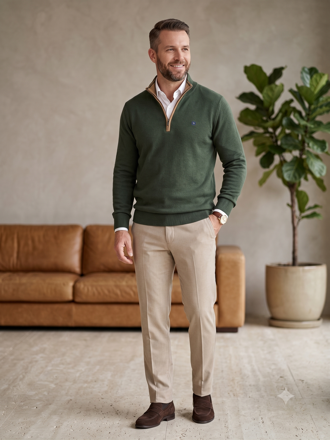 CAMISOLA DE MALHA COM FECHO VERDE KAKI KOATI