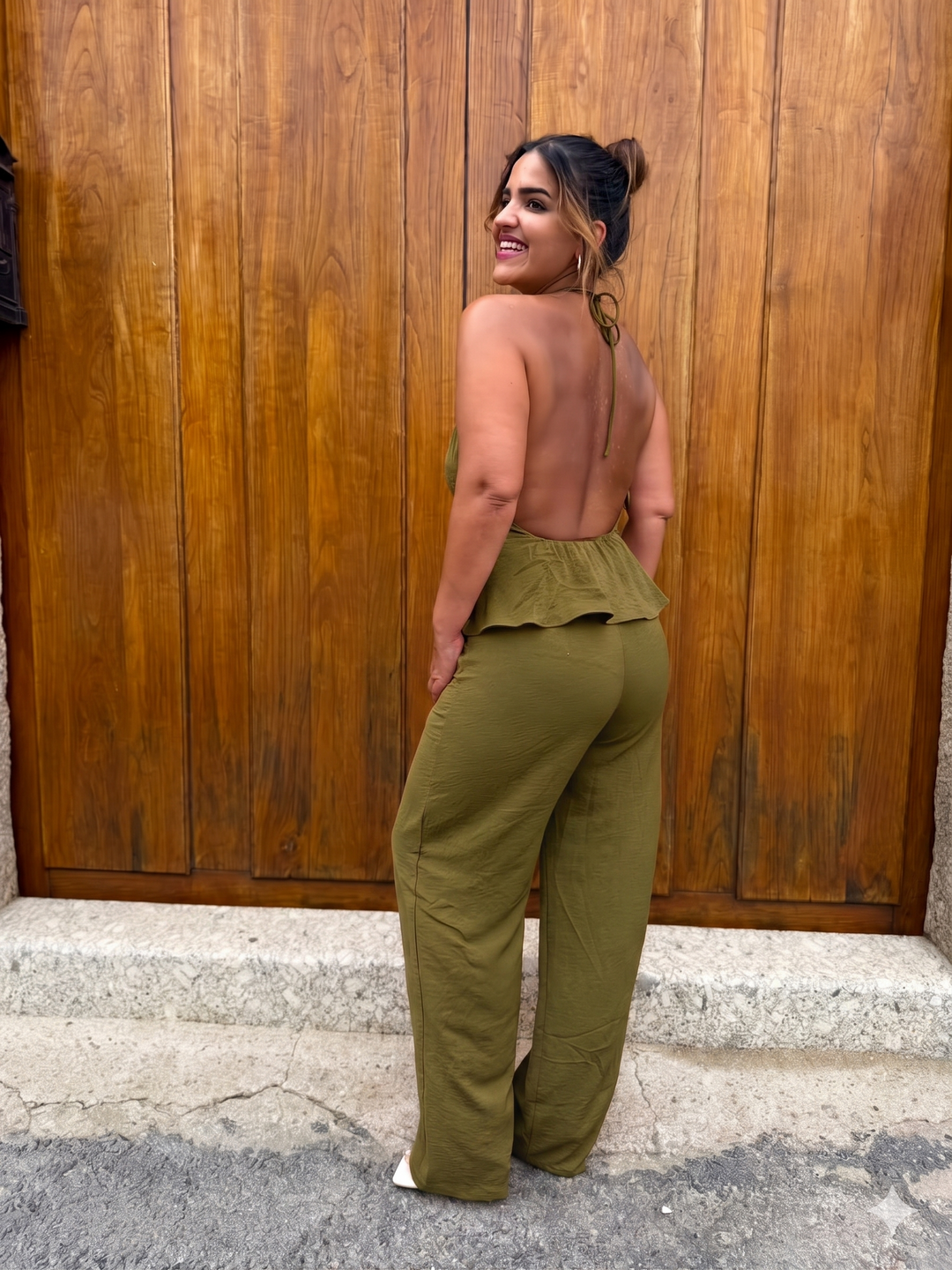 MACACÃO VERDE COM DECOTE DRAPEADO PONTO CHIC