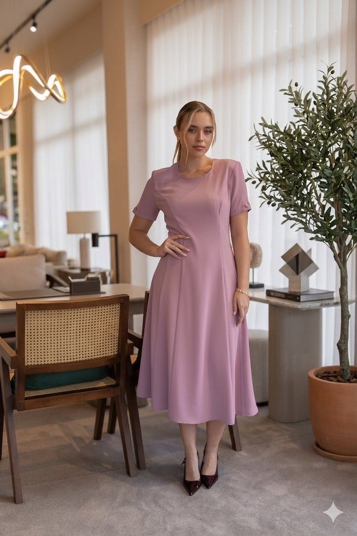 VESTIDO ROSA COM MANGA CURTA RINASCIMENTO