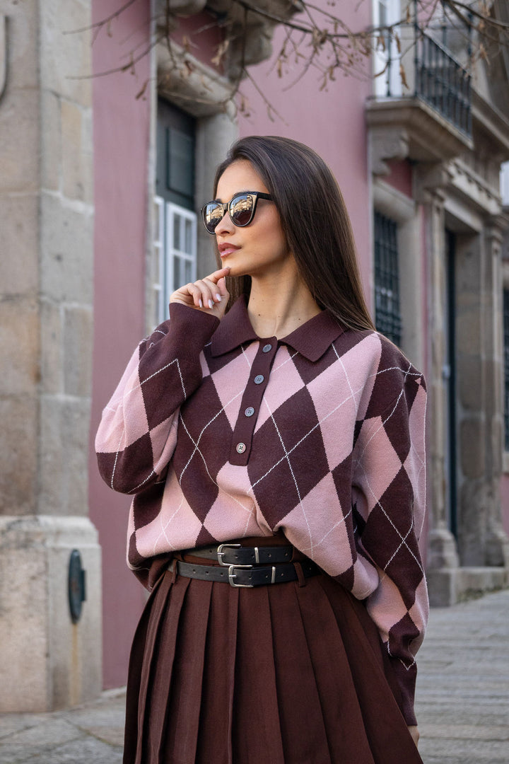 CAMISOLA LOSANGOS CASTANHO E ROSA PONTO CHIC