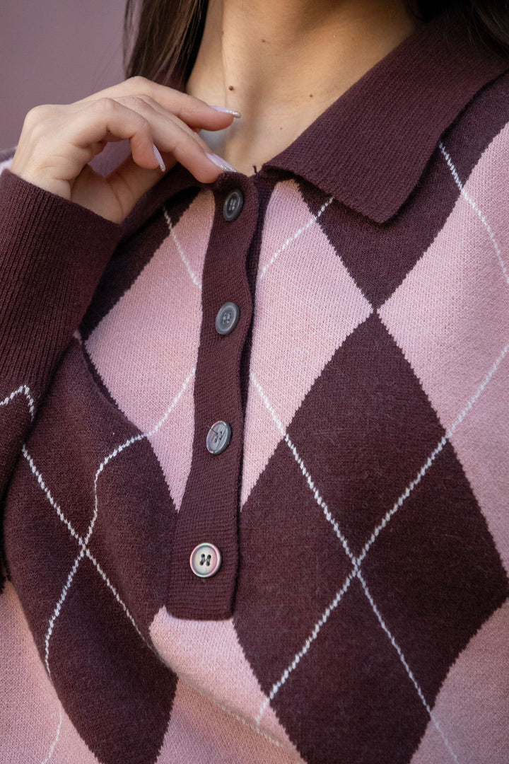 CAMISOLA LOSANGOS CASTANHO E ROSA PONTO CHIC