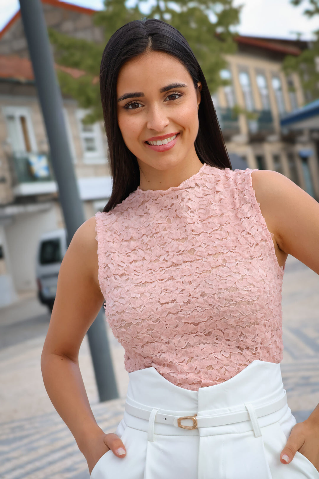 CAMISOLA ROSA TECIDO FLORES PONTO CHIC