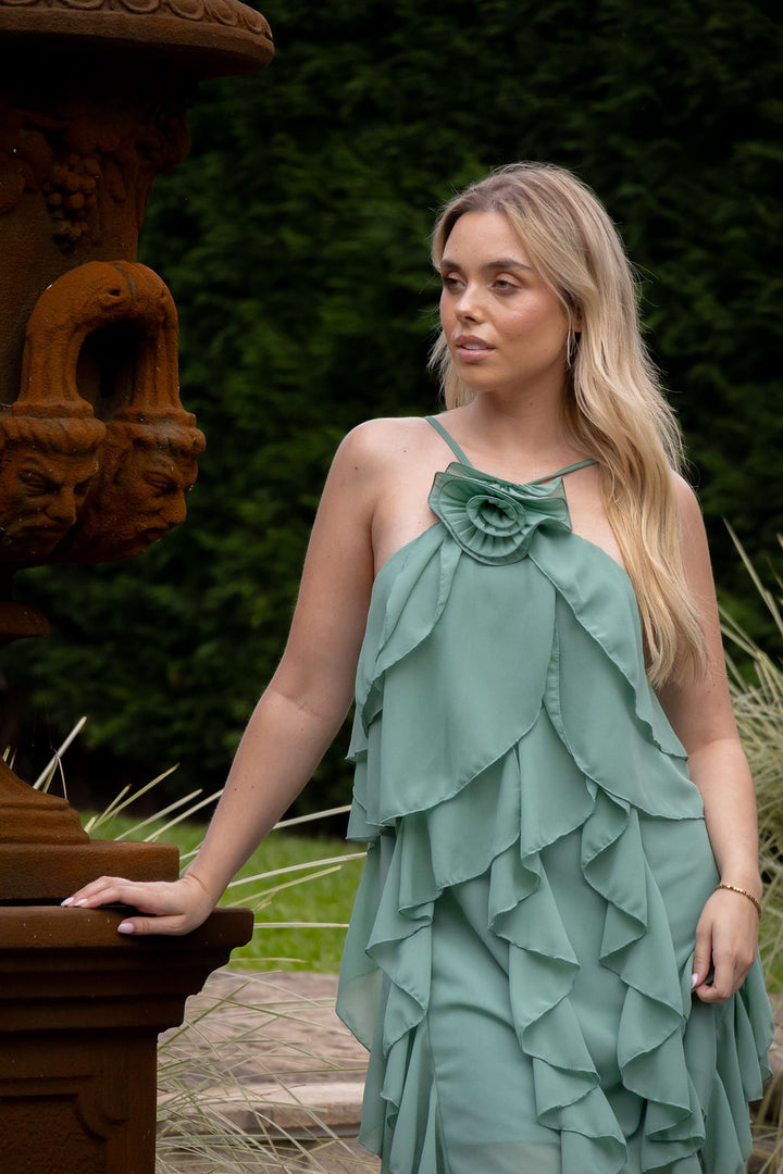 VESTIDO VERDE ÁGUA COM FOLHOS DIXIE