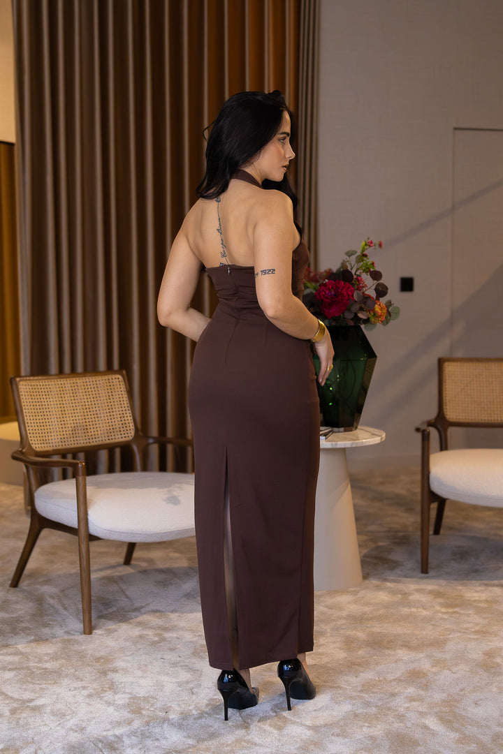 VESTIDO MIDI CASTANHO COM ALÇAS PONTO CHIC