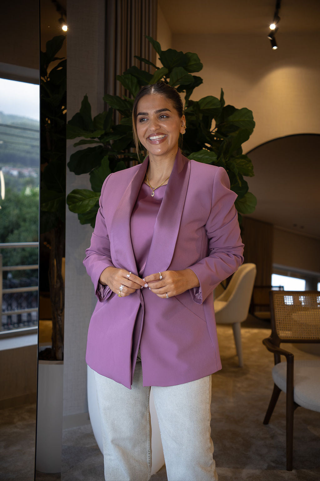BLAZER ROSA COM LAPELA SHAWL RINASCIMENTO